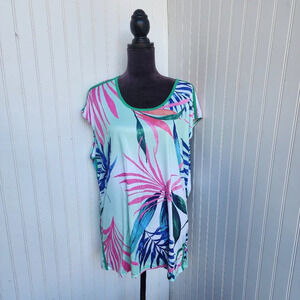 Reel Legends Tec Floral Short sleeved Fishing Shirt Women's Green Pink Palm 2X